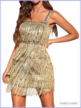 Sequined Fringe Flapper Mini Dress 1920s Gatsby Party Dress
